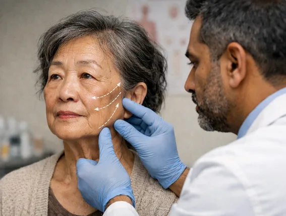 Clinician assessing facial skin health