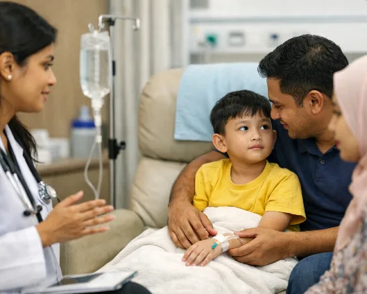 Clinician consulting with a child and parent
