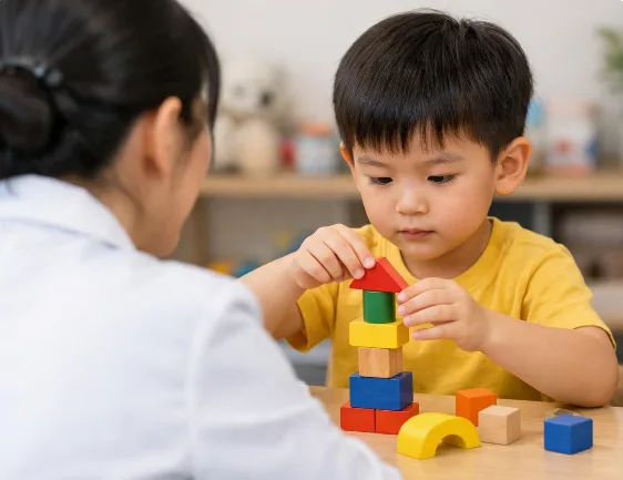 Child completing a developmental activity with a clinician