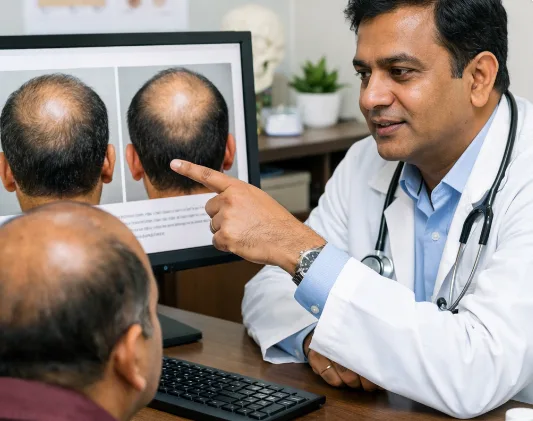 Doctor reviewing hair transplant and rejuvenation options