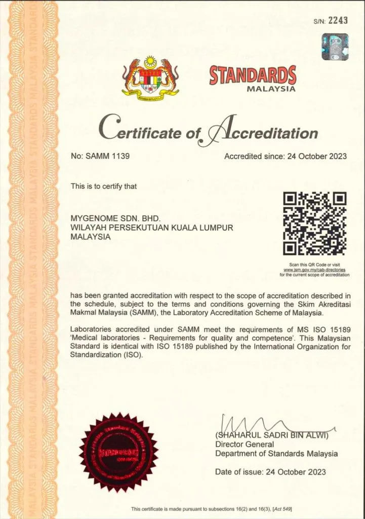 MyGenome Sdn Bhd ISO certificate of accreditation